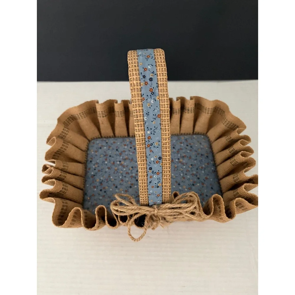 VTG Handmade Burlap Basket Farmhouse Primitive Rustic‎ Tan Blue Floral Handle